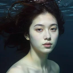 hyperrealist female portrait underwater dark waves wet in the style of victo ngai lucian freud and bouguereau very detailed faces