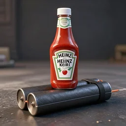 A bottle of Heinz Ketchup has been made into an improvised explosive device, unreal engine 5, octane render,