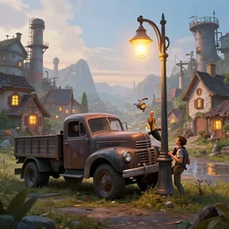 old truck collided with a lamp post in a robust fantasy village, calming, uplifting mood, ultra realistic, factory, funny, small buildings, highly detailed, epic lighting, illuminated, cinematic, morning, art by eddie mendoza and simon stalenhag