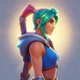 side - profile painted portrait, imogen poots as a fortnite paladin character, bright backlit, key lighting, smooth, gaudy colors, octane render aesthetic, dota matte painting concept art, official fanart behance hd artstation by jesper ejsing, by rhads and lois van baarle and ilya kuvshinov and rossdraws