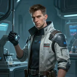 scifi technician in the laboratory, character portrait by daytoner, concept art, cyberpunk, cinematic, artstation, michael weisheim beresin, high definition