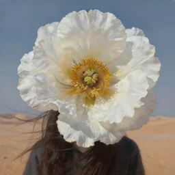 closeup, large flower head, girl in desert, surreal photography, wind and cold, dramatic sky, impressionist painting, digital painting, artstation, simon stalenhag