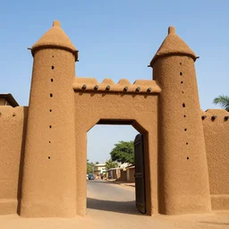 High-quality photography of a West African city gate made of mud bricks, Canon TS-E 17 mm, National Geographic