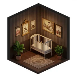 dark isometric indoor vintage nursery in a cubic room with victorian circus pictures on walls and potted plants