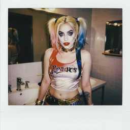 lady gaga dressed as harley quinn posing in a bathroom, model shot, Polaroid