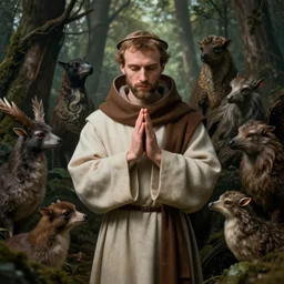 portrait of saint francis of assisi surrounded by many animals in the woods while praying 4 k, concept art, by wlop, ilya kuvshinov, artgerm, krenz cushart, greg rutkowski, pixiv. cinematic dramatic atmosphere, sharp focus, volumetric lighting, cinematic lighting, studio quality