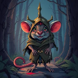 shamanistic anthropomorphic druid rat, wearing infested tattered hood, otherworldly forest path, pixiv fanbox, dramatic lighting, maximalist pastel color palette, splatter paint, pixar disney concept, graphic novel by fiona staples, dustin nguyen, peter elson, alan bean, wangechi mutu, clean cel shaded vector art, on artstation