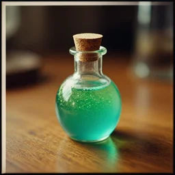 small potion with a cork top filled with a glittery green and turquoise gradient liquid, glowing liquid, fantasy, on a desk, old film photo