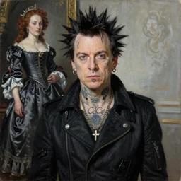 portrait of a weird al yankovic in a black outfit, punk, tattoos, piercings, a flemish baroque by alexander mcqueen, art by john collier by greg rutkowski and craig mullins, oil on canvas