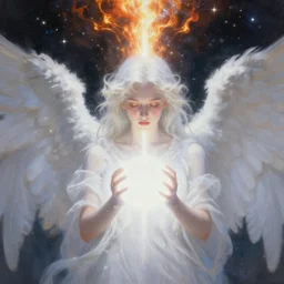 hyperrealistic painting of white angel!!! beautiful face, no gender!!!, giant ball of miracle light from the chest!!!!!, miracle light coming overhead!!, white sparkles everywhere, lot of fire and stars overhead!!!, by caspar david friedrich, by jan van eyck, holography space, glow effect, large strokes, high detailed, unfocus, soft and clean