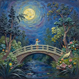 3 d high relief painting of fairyland bridge, outside of time and space, dreamy, romantic, night lighting, expressive impressionist style, highly detailed, 8 k