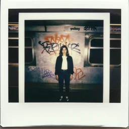 polaroid photo of graffiti on the subway of 2 2 yeard old mary louise brooks, graffiti by zephyr, 1 9 8 6