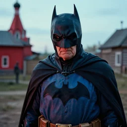 stunning photograph of batman granny in rural russia, cinematic shot, ultrawide shot, closeup, red blue, fighting crime