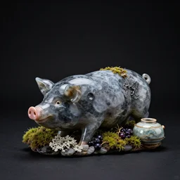 a pig and berry sculpture, obsidian and glass and pumice and japanese glazed pottery, moss, lichen, black background, dramatic lighting, negative space, zen,