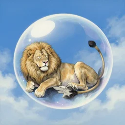 aesthetic portrait commission of a albino male furry anthro lion floating and sleeping inside a soap bubble while opening its third eye in the blue cloudy sky,  minimalistic sky Atmosphere, hyperdetailed. Character design by charlie bowater, ross tran, artgerm, and makoto shinkai, detailed, inked, western comic book art, 2021 award winning painting