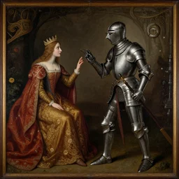 medieval painting of a grim! beautiful!!! woman knight!! proposing to her queen!! romantic!