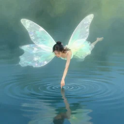 flying fairy touching lake with her finger, art