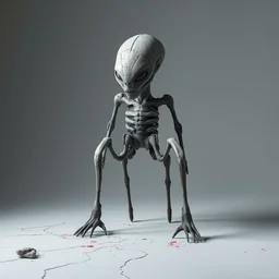 a broken concrete statue of a faceless alien with 4 legs made with rebar and vandalized with spray paint, cracks, studio lighting, 8 k, hd, realistic
