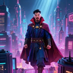 doctor strange, cityscape, vaporwave, synthwave, glowing neon lights, detailed illustration, octane render, god rays, intricate, epic lighting, cinematic composition, hyper realistic, 8 k resolution, unreal engine 5, by artgerm, tooth wu, dan mumford, beeple, wlop, artstation