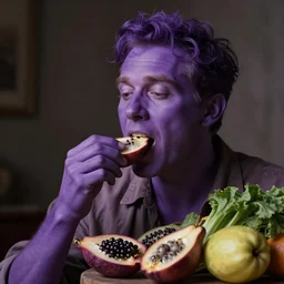 purple man eating alien fruits and vegetables - photograph