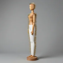realistic photo of a female full - height model wooden realistic sculpture doll made of wooden, wearing white tights, very very long brass spikes needles, center straight composition, seamless, isometric view, profile view 2 0 0 0, life magazine photo, museum archival photo