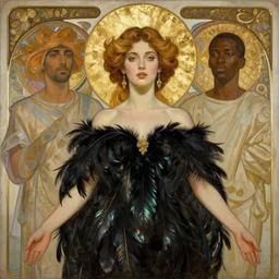 portrait painting of a stunning proud empress, artstation, mymodernmet, by brad kunkle, by amir ershadi, by ben enwonwu, by alphonse mucha, gold foil aureola, black dress of iridescent feathers, divine, saint, mixed media