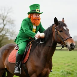 a leprechaun on a horse drinking a guinness