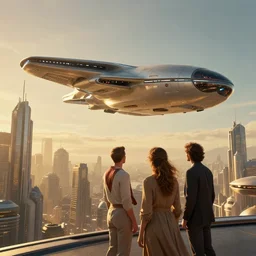 gorgeous sci fi imagery | landing spot | space and city flying craft | futuristic | beautiful couple in the foreground heading to their hovering transport | futurism | modern couple | futuristic cityscape in the background | low angle | golden ratio | by john berkey, greg rutkowski, james gurney