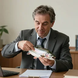 a middle aged lawyer eating a trout, hyperrealistic, 4k, unreal engine