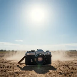 a bright light covering the sky, dirt ground, dust, taken on a ww 2 camera, very high bloom ammount, realistic.