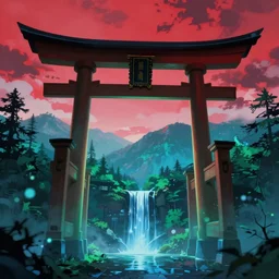 green blue isekai cyber neon japanese mountains, giant torii gate void sky - red clouds, dark inky forest, waterfalls, low clouds rimlight bokeh pixiv # 1 ranking depth focus, chromatic aberration, noise, soft lighting, srgb, 4 k, cinematic rembrant kuvshinov ross tran craig mullins leyendecker wlop guweiz