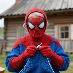 stunning photograph of ( ( granny spiderman ) ) in rural russia, knitting, izbushka, balalaika, closeup, aperture 1. 2, red blue, fighting crime