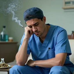 a tired doctor in scrubs smoking weed, looking lonely and sad