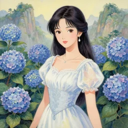 southeast asian princess of the hydrangea mountains, wearing a lovely dress. this gouache painting by the award - winning mangaka has an interesting color scheme, plenty of details and impeccable lighting.