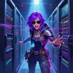 an angelic hacker with purple hair in vast cyberspace glitching through a vulnerable server, wearing sunglasses, wearing necklaces, futuristic clothes, vibrant colors, glitchy, rule of thirds, spotlight, drips of paint, expressive, passionate, by greg rutkowski, by jeremy mann, by francoise nielly, by van gogh, digital painting