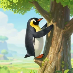 in game footage of a penguin from the legend of zelda breath of the wild climbing q tree, breath of the wild art style.