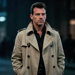 hyperrealistic noir transcendental rick astley wearing iconic beige trench coat, bladerunner, low light, ultra detail, unreal engine 5, aperture 1. 2, bokeh