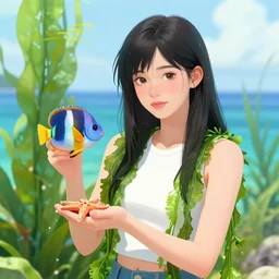 tall emo woman holding a tropical fish and a starfish in ishigaki okinawa, wearing seaweed, coral reef, summer, cocktails scuba, pigs, octopus, acrylic on canvas, surrealist, by magritte and monet