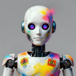 digital art portrait of a robot, rule of thirds, face symmetry, colourful spray paint splatters, health and safety decals, fashion portrait, studio lightning, robot portrait, robot by francoise nielly