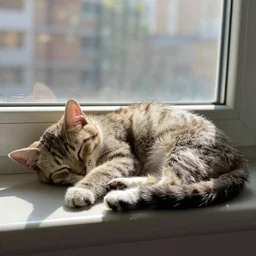my kitten sleeping by the window in the sunlight