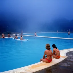 people, vintage swimming pools, fog, deep blue mood, colorful, contemporary archival color photograph print from the original negative, by stanley kubrick