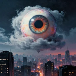 Giant hyper-realistic reptilian floating eye in the clouds looking down over a blade runner themed dystopian gloomy city at night in the style of Mark Riddick and Rob Gonsalves, award winning album cover artwork, ,perfect composition, psychedelic, UHD, 8K High Definition, grain, gradient, noise