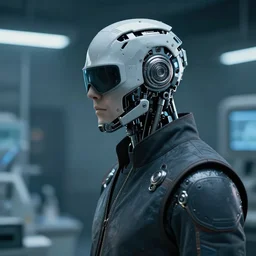 a masked laboratory technician man with cybernetic enhancements seen from a distance, scifi character portrait by greg rutkowski, craig mullins, 1 / 4 headshot, cinematic lighting, dystopian scifi outfit, profile picture, mechanical, cyborg, half robot