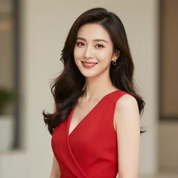 beautiful lady wearing a red dress and smiling on camera