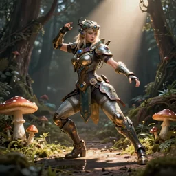 hyper detailed female earth mage, high quality character design, action pose : : spotlight, magicpunk, biopunk, forestpunk, forest, mushrooms, high detail, 8 k, oled, shadows, reflections, digital art, official art, octane render, dynamic camera angle, unreal engine, dollpunk