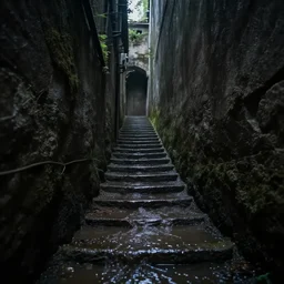 A narrow flooded stairway leading down into the darkness, spooky, eerie, unsettling