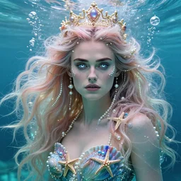 keira knightley portrait, fantasy, mermaid, hyperrealistic, game character, underwater, highly detailed, sharp focus, cinematic lighting, pearls, glowing hair, shells, gills, crown, water, highlights, starfish, jewelry, realistic, digital art, pastel, magic, fiction, ocean, king, colorful hair, sparkly eyes, fish, heroic, goddess, waves, bubbles, queen
