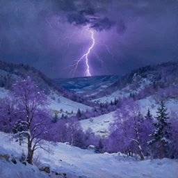 a beautiful oil painting of a valley covered in snow, trees with purple, thunderstorm in the sky, blue lighting, gloomy, atmospheric lighting, detailed, beautiful!!, purple bioluminescence, by greg rutkowski, trending on artstation
