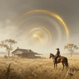 a retrowave aesthetic style artwork of a ranch, cowboy, divine, hazy, volumetric lighting, spacetime bending, very detailed, serene, gold accents, washed out colors, beautiful artwork, master level composition, raytracing