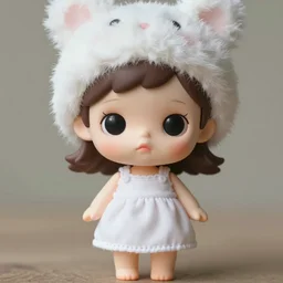 cute doll like big eyed tiny girl doll with white dress and fuzzy hat by greg rutkowski